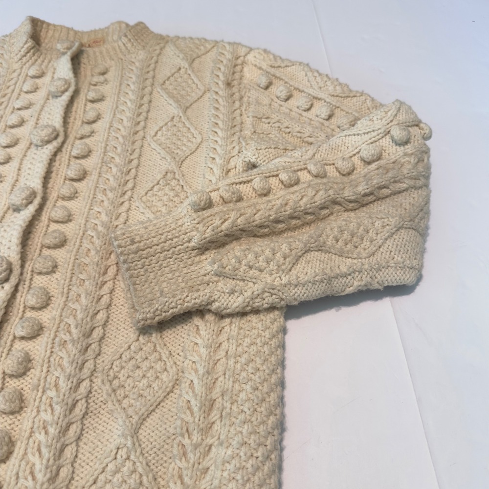 Theresa Farren Hand Knit Wool Aran Cardigan Cream Cable Bobble Fisherman Sweater - Picture 4 of 11